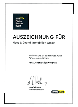 Urkunde immowelt Platin Partner 2022 Auszeichnung Immowelt 2020